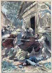 De Franse priester Berthollet (1865-1898), priester van de Buitenlandse Missies, werd vermoord door Chinese nationale gardes nabij de stad Yun Ngan Cheou op 21 april 1898. Illustratie van Damblans in 