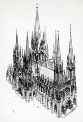 Isometrisch aanzicht van een ideale kathedraal, tekening van Eugène Emmanuel Viollet-le-Duc (1814-1879) uit Woordenboek van Franse architectuur van de 11e tot de 16e eeuw