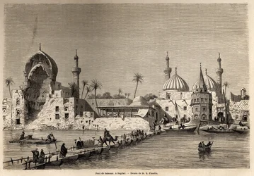 Een schipbrug in Bagdad, tekening van Eugène Flandin (1809-1876), ter illustratie van zijn reis naar Mesopotamië in 1840-1842. Gravure in «Le Tour du Monde», 1861. Collectie Selva.