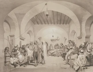 Cafe du Divan, Algiers, uit een volume ter herdenking van het Franse expeditieleger dat Algiers in 1830 veroverde, gegraveerd door Adolphe Jean-Baptiste Bayot