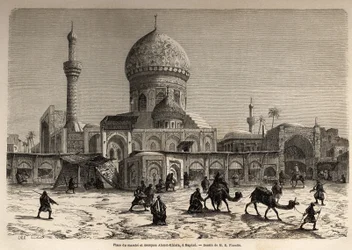 Het Marche-plein en de Ahmet Khiaia-moskee in Bagdad, tekening door Eugene Flandin (1809-1876), ter illustratie van zijn reis naar Mesopotamië in 1840-1842. Gravure in "Le tour du monde" 1861. Selva
