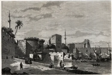 Het uitzicht op de haven van Rhodos en de poort van Aubusson, tekening door Eugene Flandin, ter illustratie van zijn reis naar het eiland Rhodos in 1844. Gravure in 