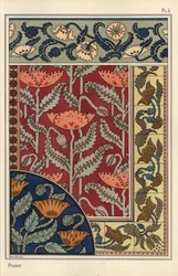 De papaver, Papaver somniferum, in glas-in-lood, behang, stof en tegelpatronen. Lithografie door Marc Mangin