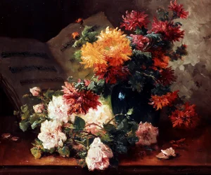 Chrysanten en rozen. Schilderij van Eugene Henri Cauchois (1850-1911) Privécollectie.