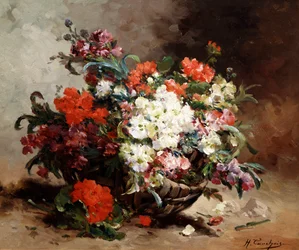 Zomerbloemen in een mand. Schilderij van Eugene Henri Cauchois (1850-1911 Frans) Privécollectie