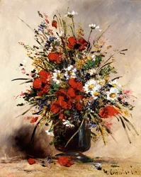 Wilde bloemen in een vaas. Schilderij van Eugene Henri Cauchois (1850-1911 Frans) Privécollectie