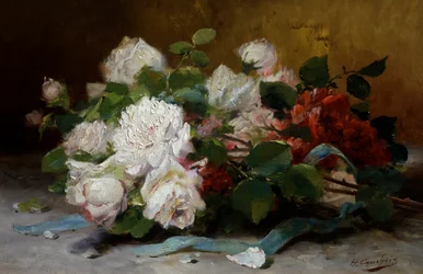 Boeket rozen. Schilderij van Eugene Henri Cauchois (1850-1911) Privécollectie.
