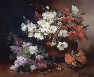 Stilleven met seringen. Schilderij van Eugene Henri Cauchois (1850-1911) Privécollectie.