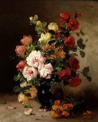 Stilleven van rozen en kruidnagel. Schilderij van Eugene Henri Cauchois (1850-1911) Privécollectie.