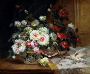 Pot met rozen. Schilderij van Eugene Henri Cauchois (1850-1911 Frans) Privécollectie