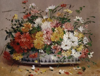 Pot met zomerbloemen (madeliefjes). Schilderij van Eugene Henri Cauchois (1850-1911) Privécollectie.