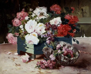 Rode en roze rozen. Schilderij van Eugene Henri Cauchois (1850-1911) Privécollectie.