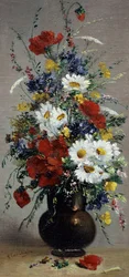 Stilleven van korenbloem, margrieten en klaprozen. Peinture de Eugene Henri Cauchois (1850-1911 Frans) Collecte prive
