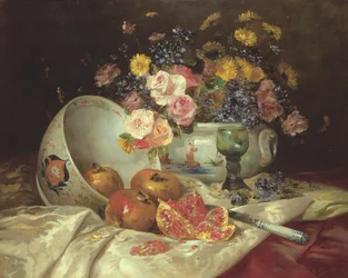 Stilleven van Bloemen in een Chinese Vaas met Granaatappels