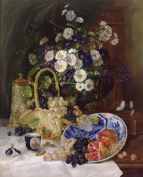 Stilleven met bloemen en fruit