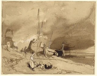 Bord de Plage (Vissersboten op een strand, stormwolken in de verte)