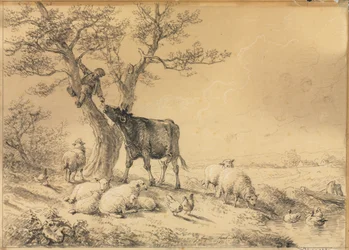 Landschap met Dieren en Jongen in Boom