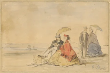 Een zittend paar en een wandelend paar op het strand, 1865