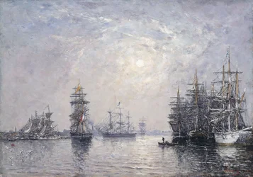 Le Havre, Eure Basin, zeilboten voor anker, zonsondergang, 1870