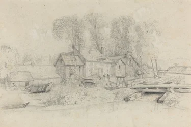 Rivierlandschap met Gebouwen, Boten en Figuren, c. 1858.