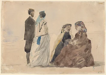 Twee dames zittend en een stel wandelend op het strand, ca. 1866