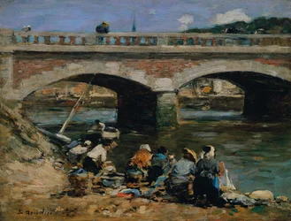 Wasvrouwen aan de oevers van de rivier de Touques, ca.1883-87 (olieverf op paneel)