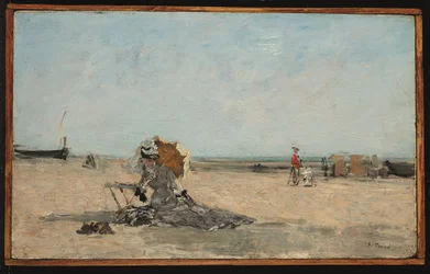 Vrouw met paraplu op het strand, ca 1880-85 (olieverf op paneel)
