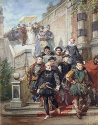 Een koninklijke processie die een trap afdaalt in een tuin, 1869