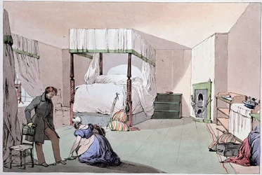 Herberg: een bediende helpt een klant schoenen aan te trekken. Illustratie door Eugene Louis Lami (1800-1890), midden 19e eeuw