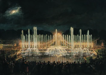 Verlichte Fonteinshow in het Bassin de Neptune ter ere van Prins Francisco de Assisi de Bourbon (1822-1902) 21 augustus 1864