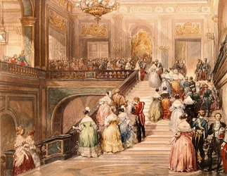 Koning Louis Philippe I (1773 - 1850) en koningin Marie Amélie de Bourbon (1782 - 1866) ontvingen de gasten ter gelegenheid van de opening van het Museum van Versailles in 1837. Illustratie door Eugène Lami (1800 - 1890)