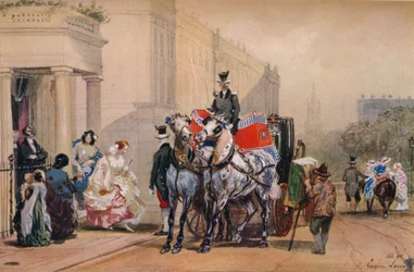 Dames stappen in hun koets in Belgrave Square, 19e eeuw