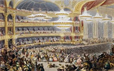 Gemaskerd bal in de Parijse Opera in de 19e eeuw. Gravure van Eugène Lami (1800-1890).