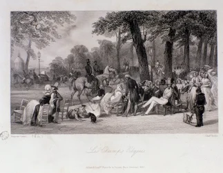 Passagiers en wandelaars op de Champs Elysees in Parijs. Gravure door Eugene Louis Lami (1800-1890) 1841 Privécollectie