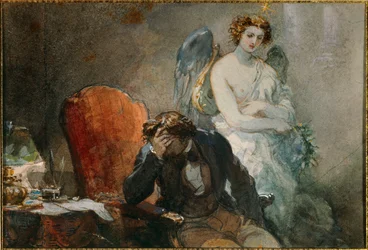 De nacht van oktober. Illustratie van de werken van Alfred de Musset (1810-1857). Aquarel door Eugene Louis lami (1800-1890) 19e eeuw Malmaison, musee du chateau
