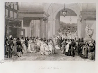 Het publiek verlaat de opera in Parijs. Gravure door Eugene Louis Lami (1800-1890) 1842 Privécollectie