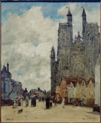Straat en kerk Saint-Vulfran