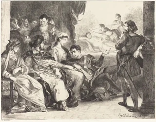 Spelers die de vergiftiging van Hamlets vader opvoeren (Act III, Scène II)