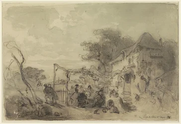 Gezelschap op terras voor herberg langs een weg