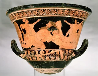 Attische roodfigurige kelkkrater met Herakles die worstelt met Antaios, uit Cerveteri, Italië, circa 510 v.Chr.