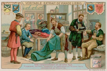 Een wever, kleermaker, hoedenmaker en vlechtmaker geven hun bestellingen aan een verver