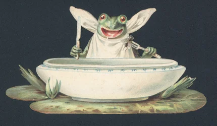Een kikker die een vlieg eet (kleurenlitho)