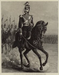 Alfonso XII, koning van Spanje, in het uniform van de 15e Schleswig-Holstein Uhlans (gravure)