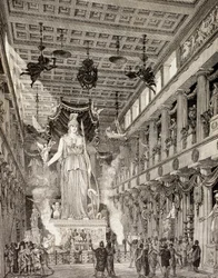 Artistieke indruk van het standbeeld van de godin Athena in het Parthenon, Athene, tijdens de klassieke periode, uit “El Mundo Ilustrado”, uitgegeven in Barcelona, 1880