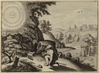 God verschijnt aan Mozes in de brandende struik (gravure)