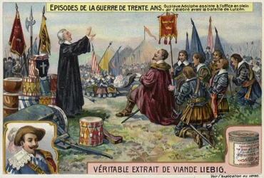 Gustaaf Adolf van Zweden woont een openluchtdienst bij voor de Slag bij Lützen, Duitsland, 1632