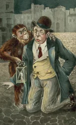 Knielende man en chimpansee (kleurenlitho)