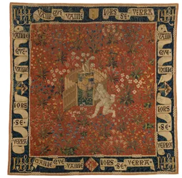 Mille fleurs tapijt met verdures, wapenschild en een wilde man, ca. 1500