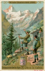 Scène van een excursie in de Alpen: in de vallei (chromolitho)