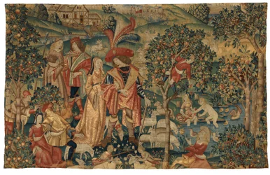 Tapijt met Pastorale Scene met Fruitplukken, of De Heer in zijn Park of Landelijke Alliantie en Fruitplukken, ca.1500
